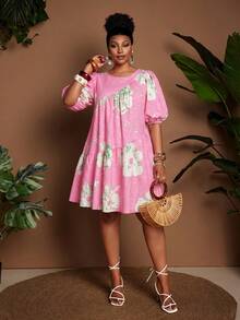 Maweii Plus Size Women's Summer Vacation Lantern Sleeve Short Sleeve Printed Round Neck Ruched A-Line Dress - Pink - View 4