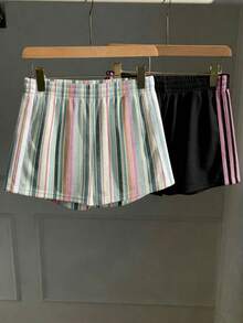 Comfortcana 2 chiếc quần short nữ dáng rộng, họa tiết cành cây tối giản, chất liệu dệt kim, phối nhiều mảnh. - Nhiều màu - Xem 2