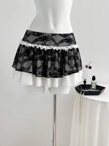 Elamini Women's Lace Patchwork Cake Skirt - Black and White - View 4