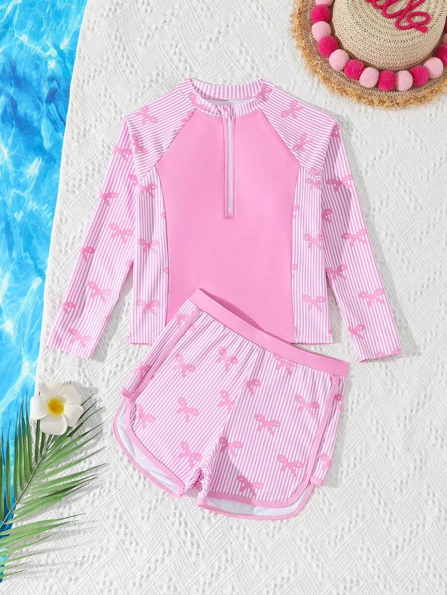 SHEIN 少女款吊带泳衣,可爱粉色条纹蝴蝶结针织面料无袖露脐比基尼上衣,拉链拼接短裤,时尚休闲优雅女士款,适合游泳、夏季度假、海滩、泳池、假日派对等场合。 - 粉色 - 查看 1