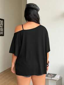 Coolane Women Plus Size Summer Y2K Vintage Streetwear Casual Graphic Pattern Comfy Black Asymmetrical Neck OverSize Short Sleeve T-Shirt - Black - View 5