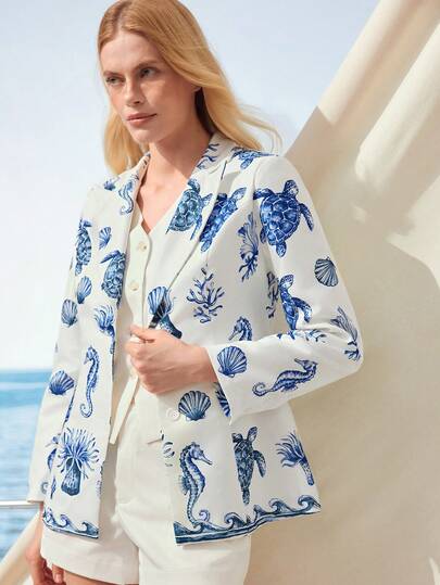 Zovinel Blazer elegante de manga larga con estampado de tortuga para mujer