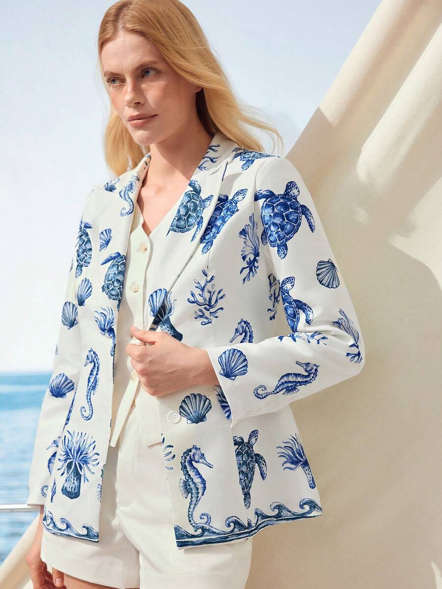 Zovinel Áo blazer dài tay thanh lịch in hình rùa dành cho nữ