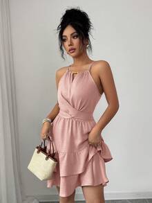 2026 Flora Isola Vestido mini ajustado y acampanado sin mangas con lazo elegante y cuentas para mujer, color caqui, primavera/verano - Rosa Pálido - Ver 6