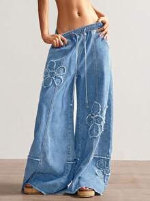 Bohemela Plus Size Women Casual Vacation & Commute Distressed Floral Print Drawstring Waist Loose Wide Leg Jeans - Light Wash - View 6