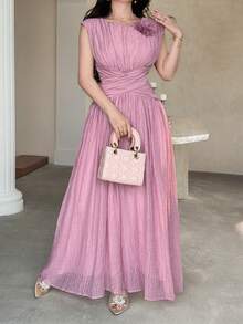 Feyla New Arrival Waist Ruched 3D Floral Elegant Romantic Vacation Dress - Dusty Pink - View 3