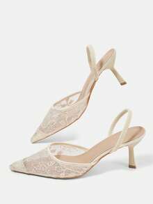 CUCCOO HITCHD Women's Embroidered Mesh Design Pointed Toe Asymmetric Heel High Heels, Romantic Elegant Stylish Mesh Pumps With Exposed Heel For Formal Occasions, Dates, Afternoon Tea, Weddings, Parties, Valentine's Day Spring Shoes - Beige 7 - View 6