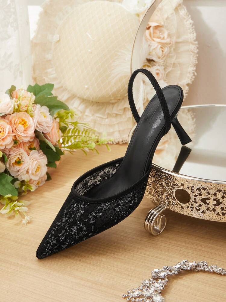 CUCCOO HITCHD Women's Embroidered Mesh Design Pointed Toe Asymmetric Heel High Heels, Romantic Elegant Stylish Mesh Pumps With Exposed Heel For Formal Occasions, Dates, Afternoon Tea, Weddings, Parties, Valentine's Day Spring Shoes