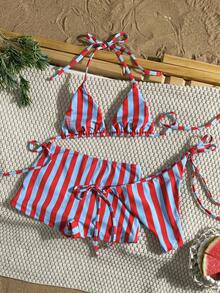 Swim Vcay Bộ bikini 3 mảnh mùa hè 2026 dành cho nữ, kiểu dáng thanh lịch, dây mảnh, cổ yếm, họa tiết sọc đỏ và xanh dương, lưng bèo nhún, thắt nơ, cạp cao, dây rút bên hông, kèm quần short. - Nhiều màu - Xem 2
