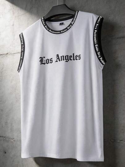 Manfinity Roghcode Men's Casual Popular INS Style Black & White Patchwork Los Angeles Print Round Neck Tank Top, Boyfriend/Husband Gift, Anniversary Gift