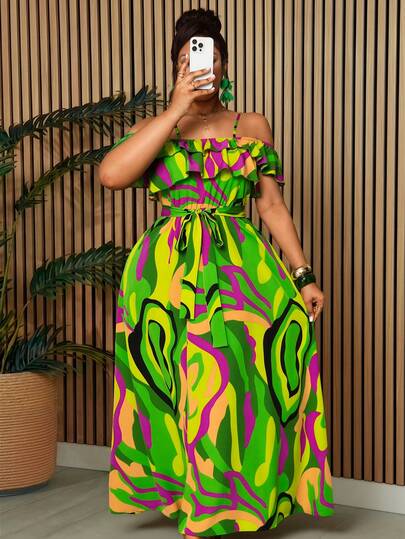 Villa Velisse Plus Size Women's Summer Vacation Green Geometric Print Ruffle Off-Shoulder Spaghetti Strap Puff Sleeve Elegant Dress, Summer Off-Shoulder Spaghetti Strap Long Dress, Beach Dress, Sun Protection Dress, Waist Tie Sash Flowy, Suitable For Tropical Resort Vacation, Summer Travel Beach Party Celebration Vibrant Color Dress
