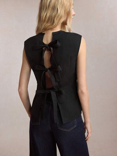 BizChic Women's Black Sleeveless Top With Backside Tie Detail, Casual Slim Fit Cinched Waist Design