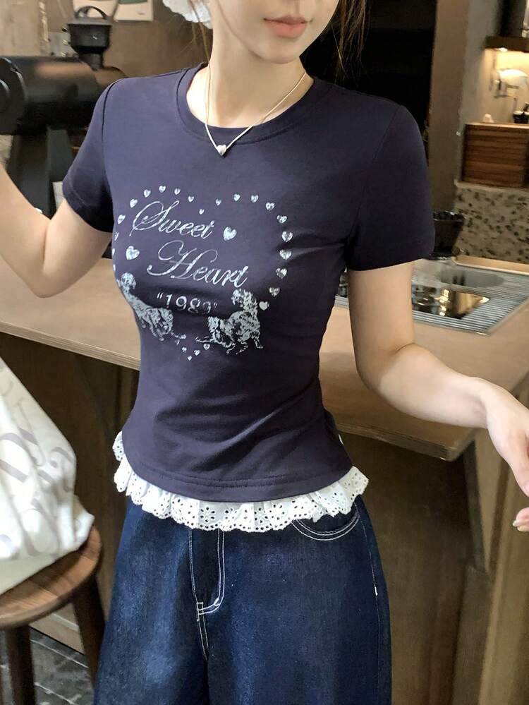 Women's Summer Round Neck Short Sleeve Floral Print Contrast Color Ruffle Patchwork Casual T-Shirt