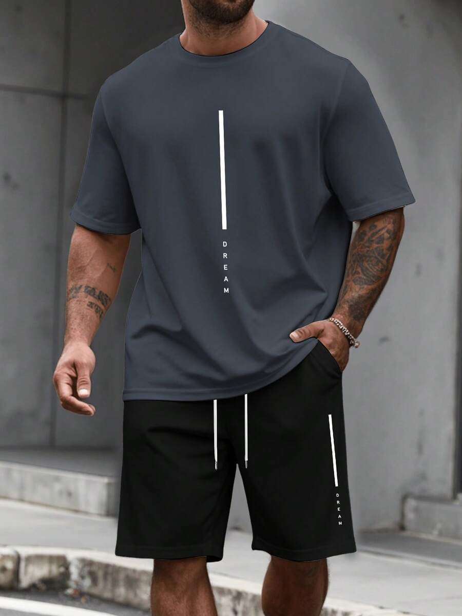 Manfinity Homme 加大码男士休闲字母图案圆领短袖T恤短裤套装,夏季 - 彩色 - 查看 1