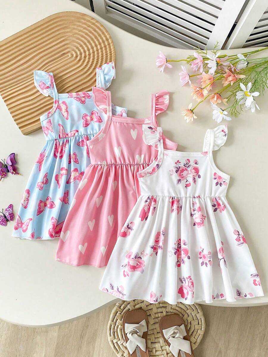 SHEIN Playful Pals 3件装女婴荷叶边吊带连衣裙，条纹搭配彩色花卉和粉色图案连衣裙，甜美可爱，适合夏季、度假和玩耍。