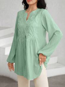Graceveil Camisa de manga larga con cuello entallado, unicolor con textura y parches de encaje - Verde - Ver 8