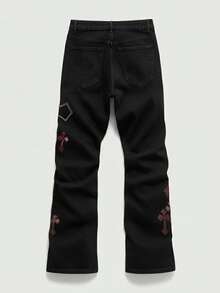 ROMWE MEN Grunge Punk Men's Fashion Street Cross Embroidery Slant Pocket Jeans - Black - View 2