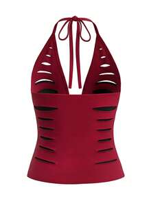 Rina Fox Áo tank top cổ yếm rách rưới năm 2026 cho mùa hè - Đỏ và đen - Xem 2