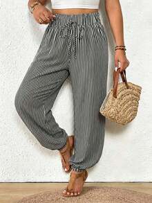 SHEIN Frenchy Mother's Day Vacation Style Plus Size Women's Black And White Striped Pattern Casual Pants With Drawstring Waist And Ruffle Hem Fall - Black and White - View 2