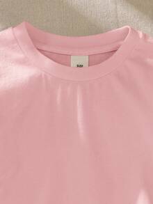 SHEIN 女童纯色圆领荷叶边宽松休闲T恤 - 粉色 - 查看 4