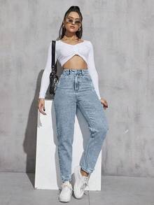 SHEIN Cottnline Women's Fashion Ripped Pocket Skinny Jeans - Baby Blue - View 4