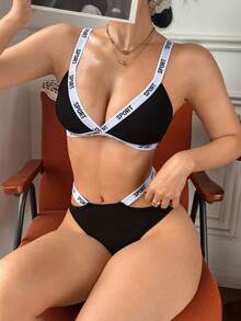 2pcs Women's Lingerie Set (Wireless, Thong) - Black - View 6
