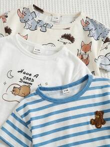 SHEIN 6件套男童/女童/男女通用夏季休闲可爱针织卡通条纹短袖T恤和短裤睡衣套装，基础款多件套 - 彩色 - 查看 6