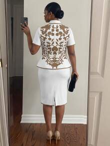 SHEIN Lady Plus Size Women Plant Pattern Shawl Collar Short Sleeve Jacket And Mini Skirt Elegant Suit Set - Khaki - View 6