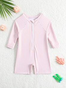 SHEIN Áo tắm chống nắng có khóa kéo cho bé trai sơ sinh/trẻ nhỏ, trang phục đi biển mùa hè. - Màu Hồng  San hô - Xem 1