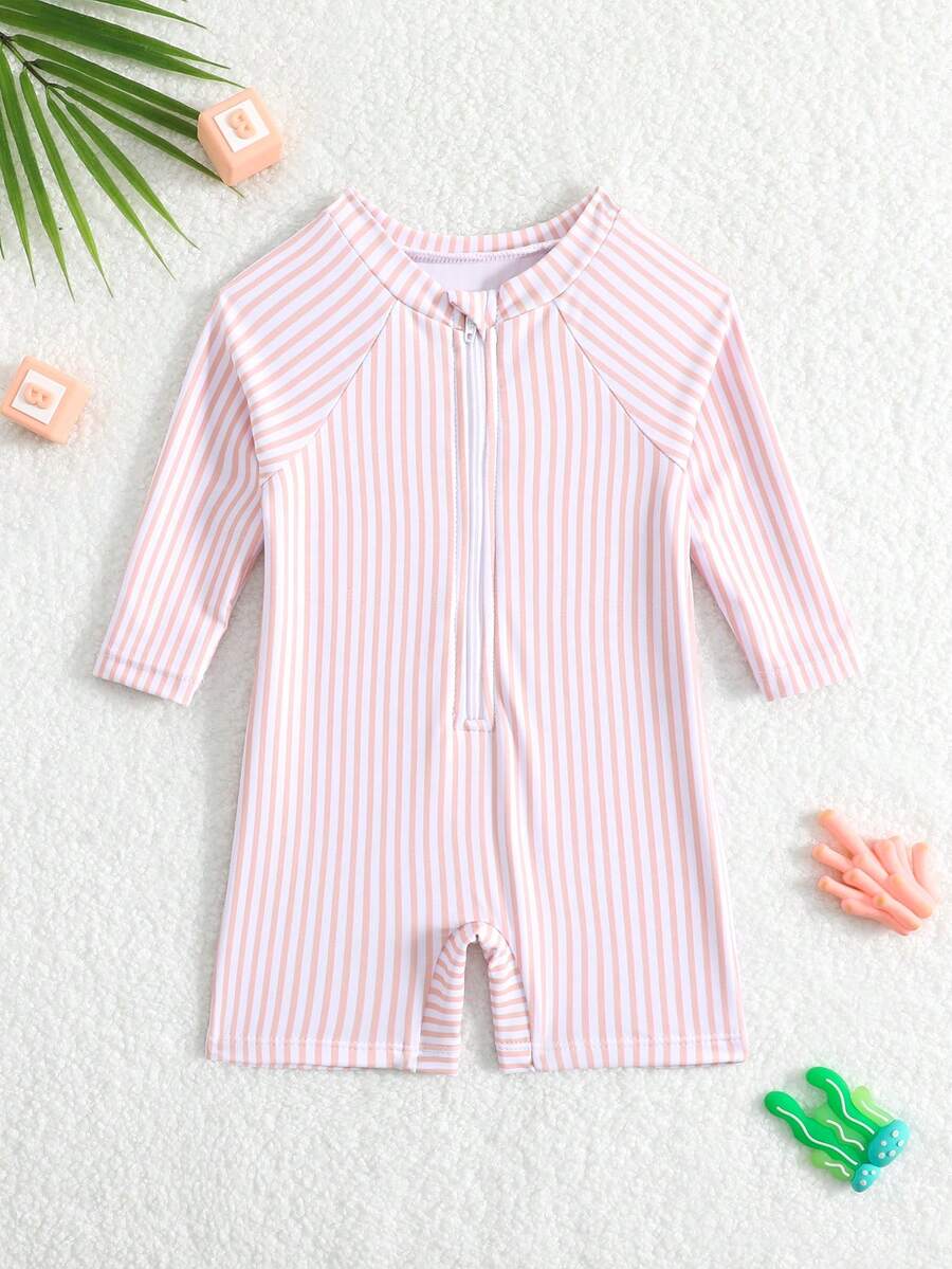 SHEIN Áo tắm chống nắng có khóa kéo cho bé trai sơ sinh/trẻ nhỏ, trang phục đi biển mùa hè. - Màu Hồng San hô - Xem 1
