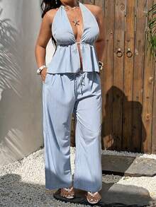 Sunnyshic Plus Size White Camisole And Pants 2 Pieces Set, Beach Vacation Summer - Multicolor - View 3
