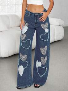 Rivivi Jeans in Große Größen für Frauen mit Herz- und Leoparden-Muster, locker geschnitten und gerade geschnitten - Graublau - Übersicht 3
