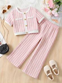 SHEIN 2pcs/Set Young Girl Elegant Pink & White Contrast Gold Button Blouse & Straight Leg Pants,Back To School Summer Outfit,Family Matching Party Set - Pink - View 7