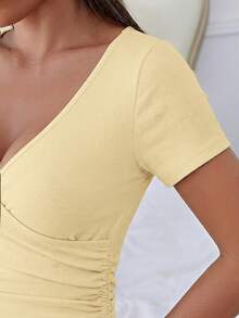 SHEIN Essnce Women's Solid Color Ruched Tie Front Deep V-Neck Sexy Knit Top,Summer Top - Light Yellow - View 4