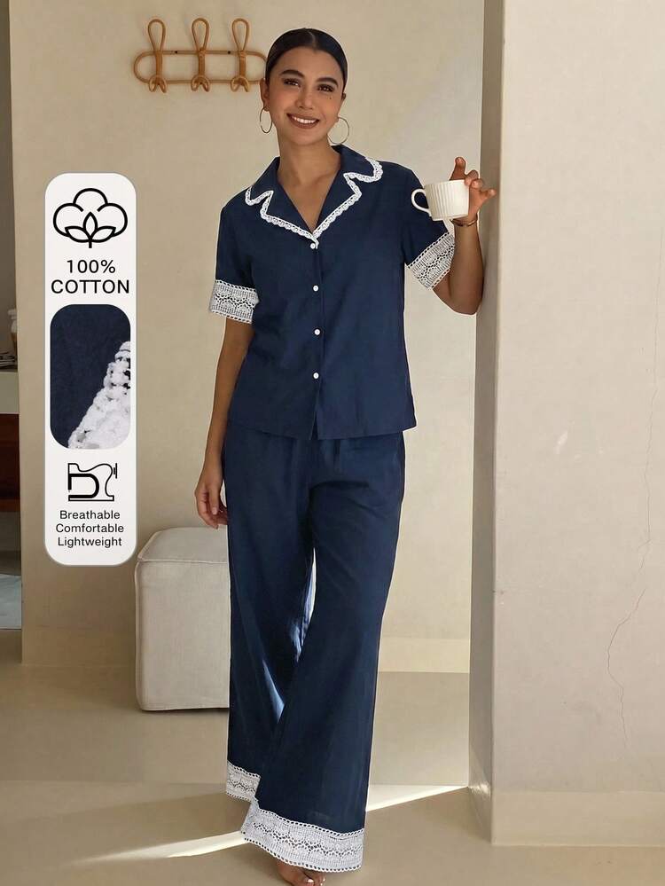 Women's Contrast Lace Lapel Collar Short Sleeve Shirt And Long Pants Pajama Set, Spring/Summer/Autumn