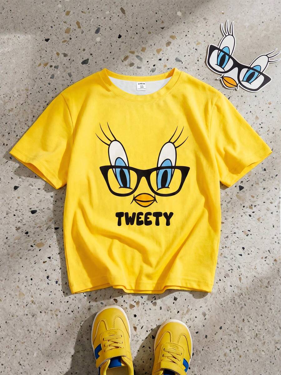 LOONEY TUNES X SHEIN GraphicGems 少女卡通眼镜印花黄色圆领T恤,休闲夏季款 - 黃色 - 查看 1