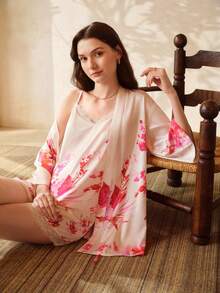 MOTF PREMIUM BATA DE SATÉN ESTAMPADA DE 3/4 DE MANGA PARA MUJER, PRIMAVERA/VERANO - Rosa - Ver 4