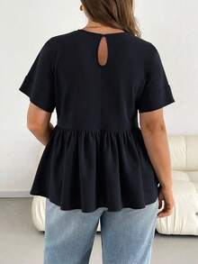 SHEIN Essnce Áo sơ mi ngắn tay màu đen dáng rộng thoải mái, thoáng mát, mát mẻ dành cho nữ cỡ lớn, thích hợp mặc đi chơi, tôn dáng, công sở, áo kiểu nữ, thời trang mùa xuân hè. - màu đen - Xem 3