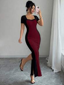 SHEIN Đầm nữ mùa hè mới, gợi cảm, hai màu, ôm sát eo, tay ngắn, cổ vuông. Được làm từ chất liệu vải có họa tiết, với thiết kế cổ vuông hình trái tim, tay ngắn và viền eo màu đen tương phản, kết hợp giữa vẻ quyến rũ và sự thanh lịch tinh tế. Thích hợp cho các bữa tiệc, hẹn hò hoặc các dịp bán trang trọng, chiếc đầm ôm sát hai màu này là một món đồ không thể thiếu trong tủ quần áo. - Màu Đỏ Sâu - Xem 5