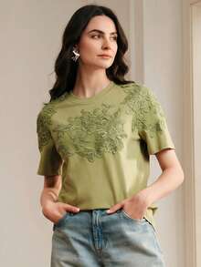 Anewsta Women's Elegant Modern Loose Round Neck T-Shirt Top With Embroidered Applique Design, Summer - Green - View 6