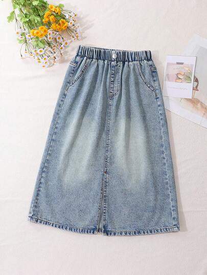 SHEIN Genkimix Kids Tween Girls Vintage Denim Midi Skirt Summer Outfit Back To Vintage Casual Girly Era Elastic Waist Light Blue Denim Washed Loose Straight Fit Comfortable Soft Fabric Daily Wear School Outing Brunch Date Partywear Guidelines Looks Of Party Vacay Vibes