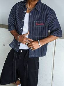 STEELVANCE Camisa de manga corta de mezclilla azul con rayas y bordado, estilo casual urbano para hombres - Azul lavado oscuro - Ver 6