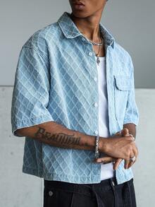 STEELVANCE Áo sơ mi nam tay ngắn chất liệu denim xanh, kiểu dáng thường ngày, chất liệu dệt kim, phong cách đường phố. - Rửa nhẹ - Xem 4