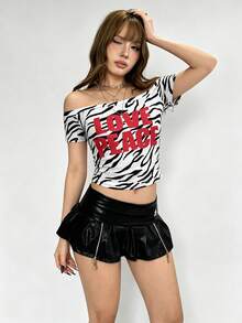 Rina Fox Áo thun nữ tay ngắn trễ vai thời trang, họa tiết gợi cảm kiểu Mỹ, kiểu dáng ôm sát, chất liệu nhẹ, thích hợp cho mùa xuân/hè. - Nhiều màu - Xem 2