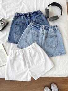 SHEIN 3pcs/Set Girls' White, Blue, Gray Denim Shorts - Multicolor - View 6