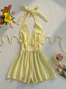 Sunnyshic Bộ jumpsuit ống rộng hở lưng cổ yếm bằng vải dệt họa tiết Y2K - Màu vàng - Xem 3
