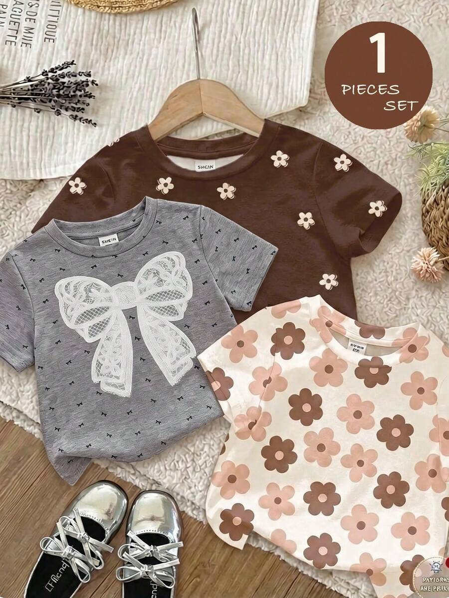 SHEIN Kaos Kasual Lengan Pendek Leher Bulat Motif Bunga untuk Bayi Perempuan - MultiWarna - View 1
