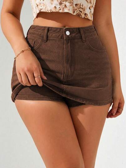 SHEIN Holidaya Quần short denim dáng rộng, màu trơn, có túi xéo, dành cho nữ, cỡ lớn.