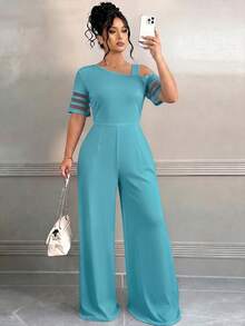 Elenzga Jumpsuit Minimalis Serbaguna Kasual Warna Polos untuk Wanita Ukuran Besar - Baby Blue - View 5