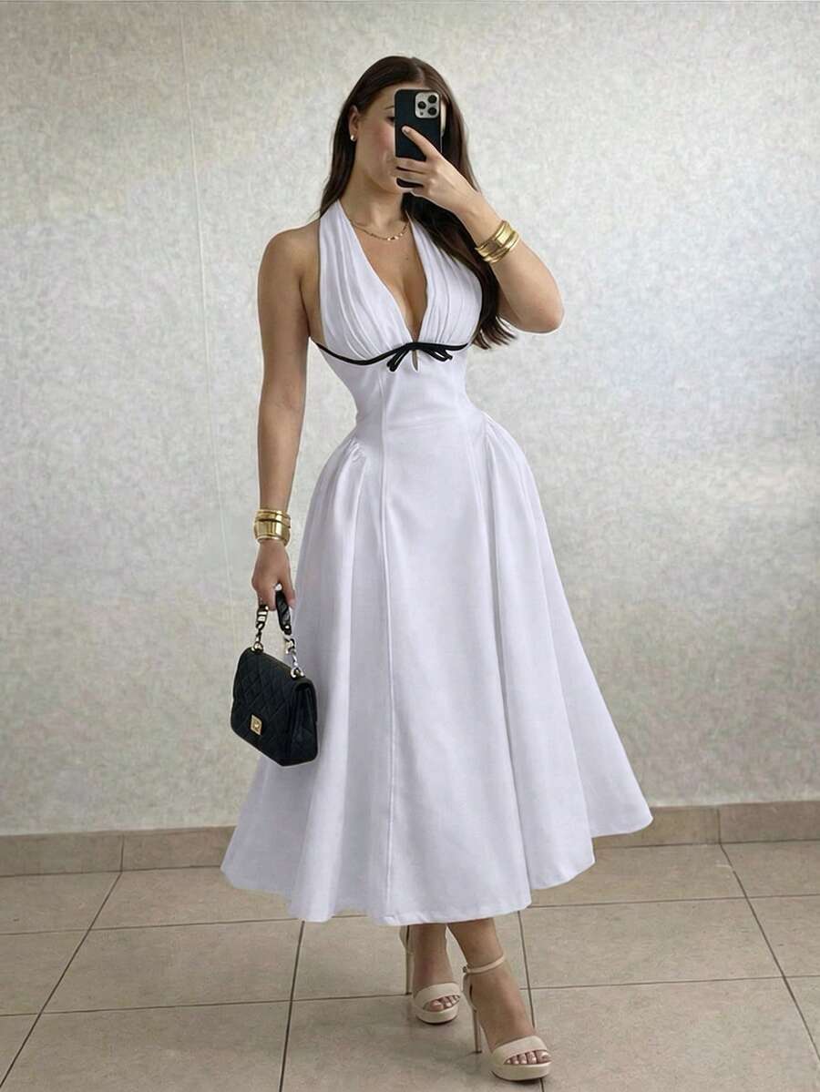 Modelyn Women's Plunging V-Neck Lace-Up Front Mid-Length Dress - White - View 1